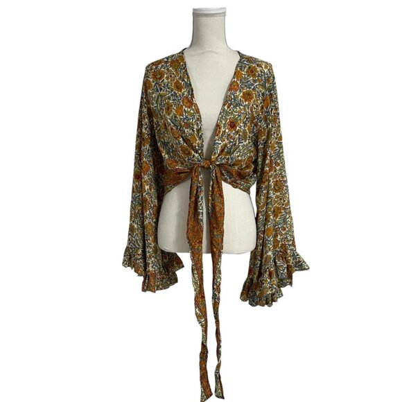 Gardenbell Shop Boho Cottage Folk Coachella Bell Sleeve Silk Wrap Top OS - Picture 2 of 11